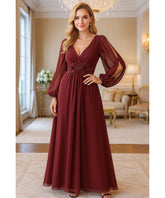 Comprar vestido longo de festa manga longa VINHO chiffon bordado casamento formatura elegante em promoção LADYDRESS